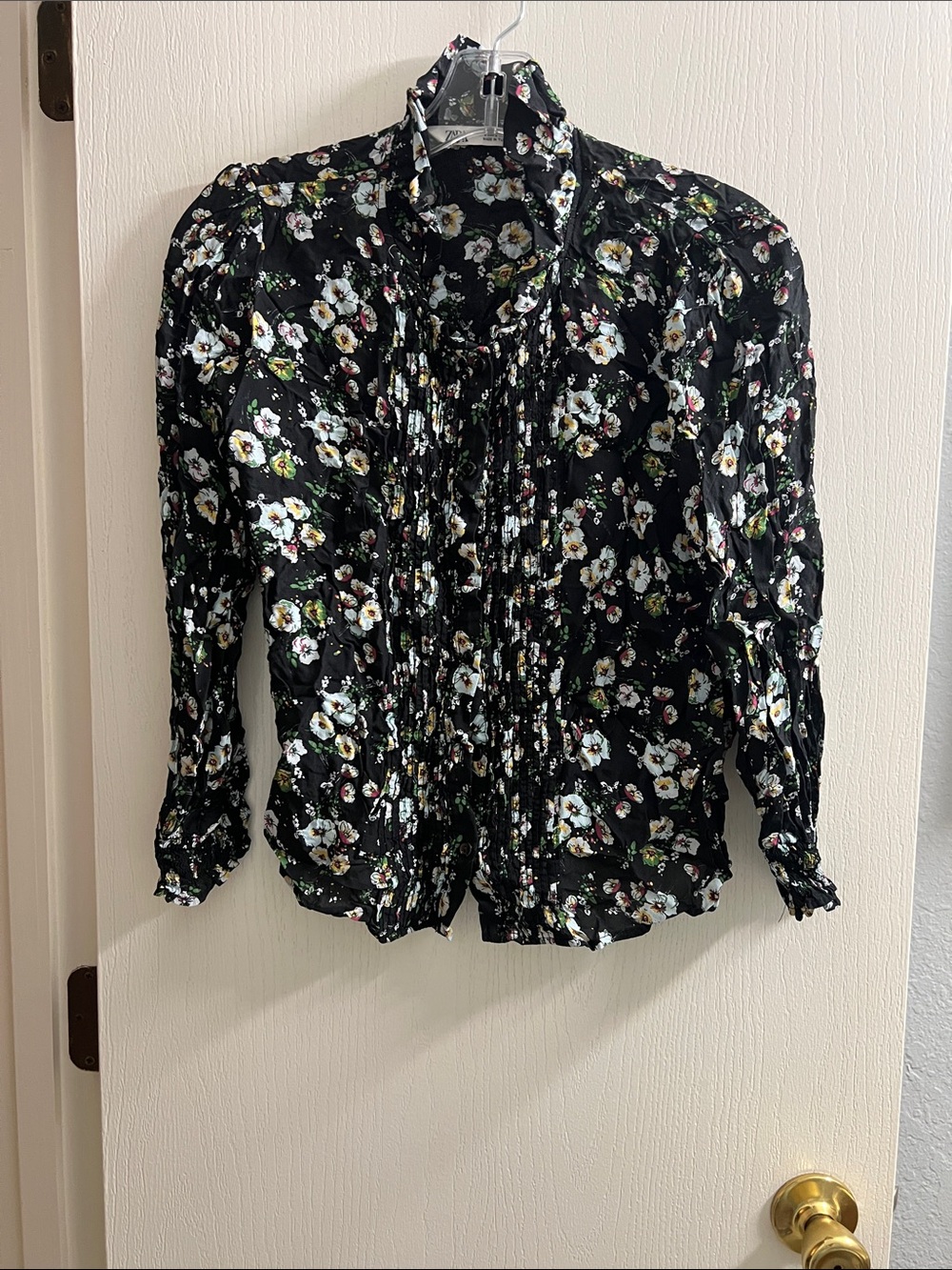 Zara Black Floral Pintuck Blouse with White and Green Accents
